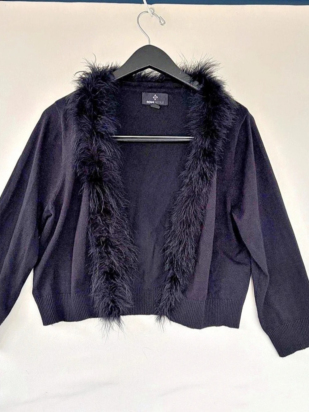 Ronni Nicole Feather Trim Cardigan Womens M Black Glam City Mob Wives Party tedd